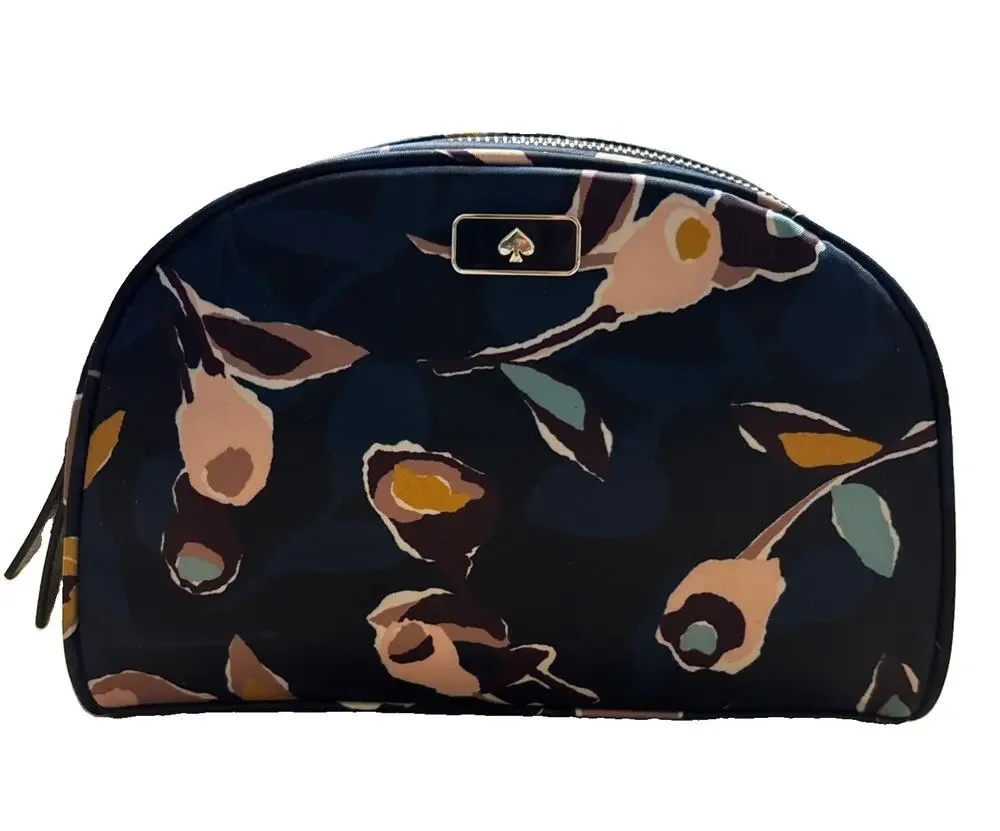 Kate Spade Dawn Paper Rose Medium Dome Cosmetic Makeup Bag Blue Floral Nylon New
